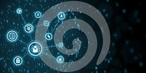 Creative connected digital business interface with various icons and binary code on blurry backdrop. Software development, app,