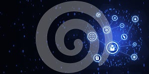 Creative connected digital business interface with various icons and binary code on blurry background. Software development, app,