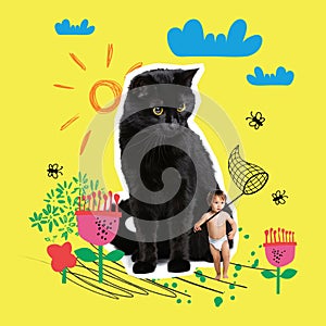 Creative contemporary art collage. Big black cat looking after little boy, toddler playing in the garden, catching