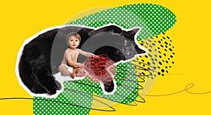Creative contemporary art collage. Little boy, toddler in diapers sitting and playing with big calm black cat over