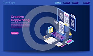Creative copywriting landing page vector template. Content writing website interface idea with flat illustrations. Digital