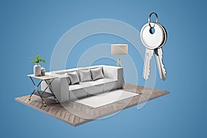 Creative couch and living room fragment on blue background with silver keys. Mortgage and house purchase concept.