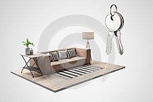 Creative couch and living room fragment on white background with silver keys. Mortgage and house purchase concept.