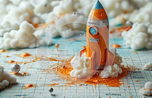 Creative craft rocket launch with clouds on a world map for educational theme
