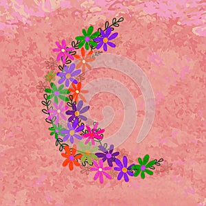 Creative Crescent Moon made by Colorful Flowers on grungy background for Islamic Festivals celebration