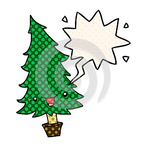 A creative cute cartoon christmas tree and speech bubble in comic book style