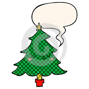 A creative cute cartoon christmas tree and speech bubble in comic book style