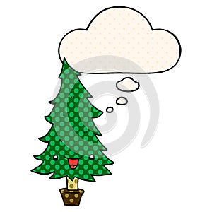 A creative cute cartoon christmas tree and thought bubble in comic book style