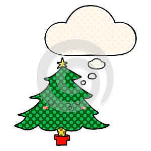 A creative cute cartoon christmas tree and thought bubble in comic book style