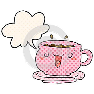 A creative cute cartoon cup and saucer and speech bubble in comic book style
