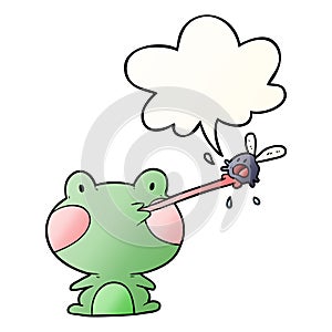 A creative cute cartoon frog catching fly and tongue and speech bubble in smooth gradient style