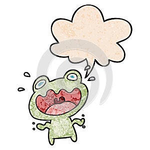 A creative cute cartoon frog frightened and speech bubble in retro texture style