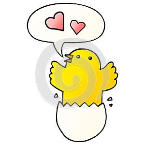 A creative cute hatching chick cartoon and speech bubble in smooth gradient style