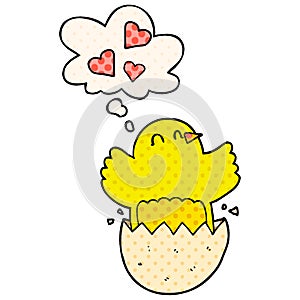 A creative cute hatching chick cartoon and thought bubble in comic book style