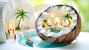 Miniature Tropical Resort Inside Coconut with Pool and Boat Scene
