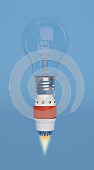 Creative 3D illustration rocket and bulb on blue background.