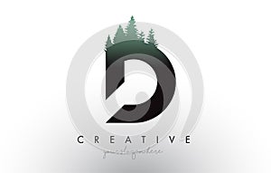 Creative D Letter Logo Idea With Pine Forest Trees. Letter D Design With Pine Tree on Top photo