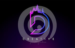 Creative D Letter Logo Idea With Pine Forest Trees. Letter D Design With Pine Tree on Top