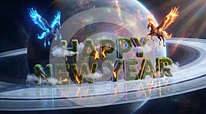 Happy New Year Text with Glowing Pegasus in Space Scene