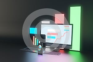 Creative dark neon designer desktop with glowing laptop computer monitors, smartphone screen and business charts, graphs and