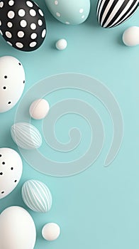 Creative decorated eggs on a turquoise background with various patterns and colors for Easter