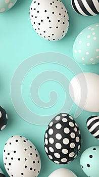 Creative decorated eggs on a turquoise background with various patterns and colors for Easter