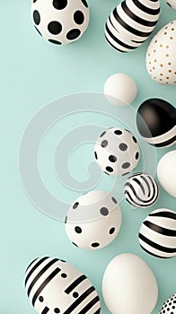 Creative decorated eggs on a turquoise background with various patterns and colors for Easter