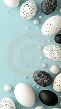 Creative decorated eggs on a turquoise background with various patterns and colors for Easter