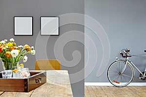 Creative decoration urban interior wooden table and roadbike in hallway