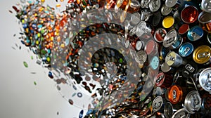 A creative depiction of a kinetic sculpture made entirely out of recycled materials. The sculpture is made up of various