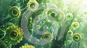 A creative depiction of a microalgae plant with tiny gears and turbines p inside each cell fueling the conversion of