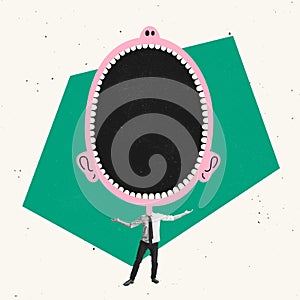 Creative design. Businessman, employee with giant screaming head symbolizing personal and professional success