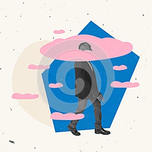Creative design. Businessman, employee having head in the clouds, generating new business ideas
