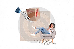 Creative design collage of young funny lady lying furniture call friends forgot about her express delivery box isolated