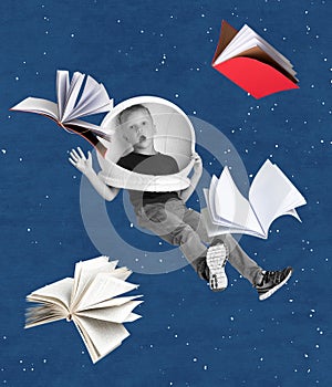 Creative design. Contemporary art collage of boy, child in astronaut helmet flying in night sky around books