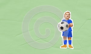 Creative design. Contemporary art collage. Little boy, child in uiform with ball pretending to be football player photo