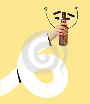 Creative design. Contemporary art collage. Male hand holding beer bootle with funny cartoon face doodles