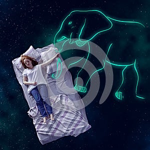 Creative design with line art. Young girl sleeping and dreaming about cute elephant over starry night background