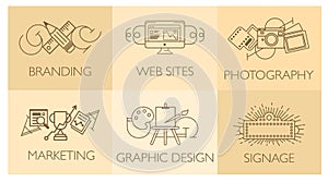 Creative design process concept with web studio development elements. Flat line icons modern style vector illustration