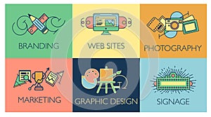 Creative design process concept with web studio development elements. Flat line icons modern style vector illustration
