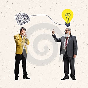 Creative design. Senior businessman helping young employee to create profitable business ideas