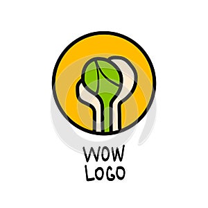 Creative design. Vector symbolic graphic representation of the plant. Green sprout in hands. Logo