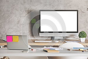 Creative designer desktop with white computer