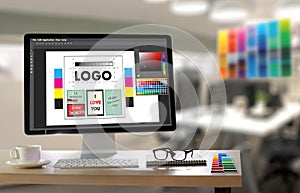 Creative Designer Graphic at work. Color swatch samples, Illustrator Graphic designer working digital tablet and computer