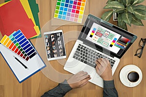 Creative Designer Graphic at work. Color swatch samples, Illustrator Graphic designer working digital tablet and computer