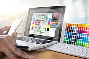 Creative Designer Graphic at work. Color swatch samples, Illustrator Graphic designer working digital tablet and computer