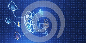 Creative digital brain hologram with cogwheels and various connected icons on blue backdrop. Invention, ai and innovation concept