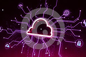Creative digital circuit cloud on purple background. Data storage, server and technology concept.