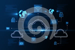 Creative digital cloud computing background. Cloud data and service concept.