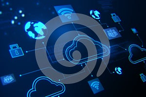 Creative digital cloud computing wallpaper. Cloud data and service concept.